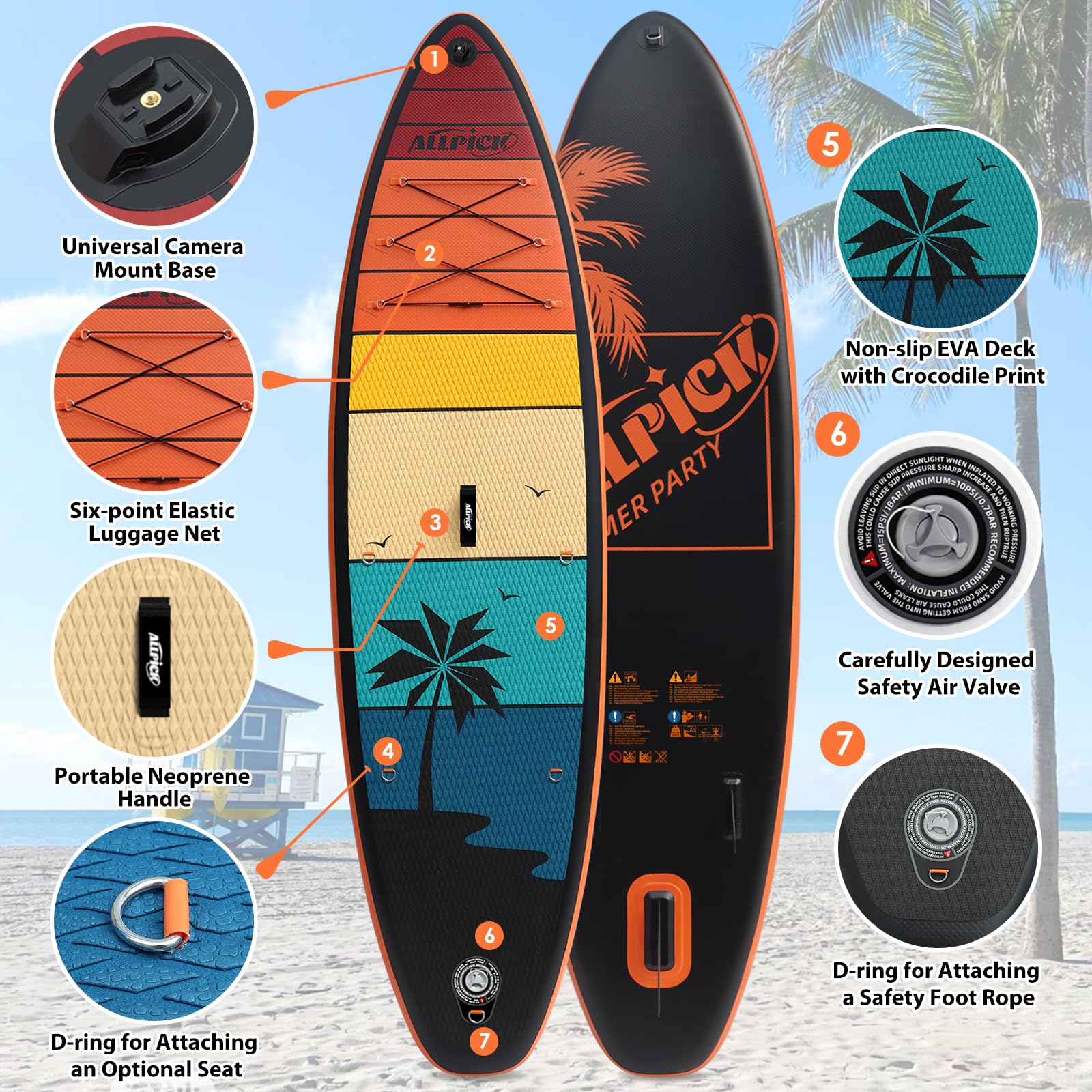 ALLPICK Premium SUP Board Set, Stand Up Paddling Board Aufblasbar, Mit Universal Kamerahalterung, Komplettes Zubehör, Verstellbares Paddel, 200kg