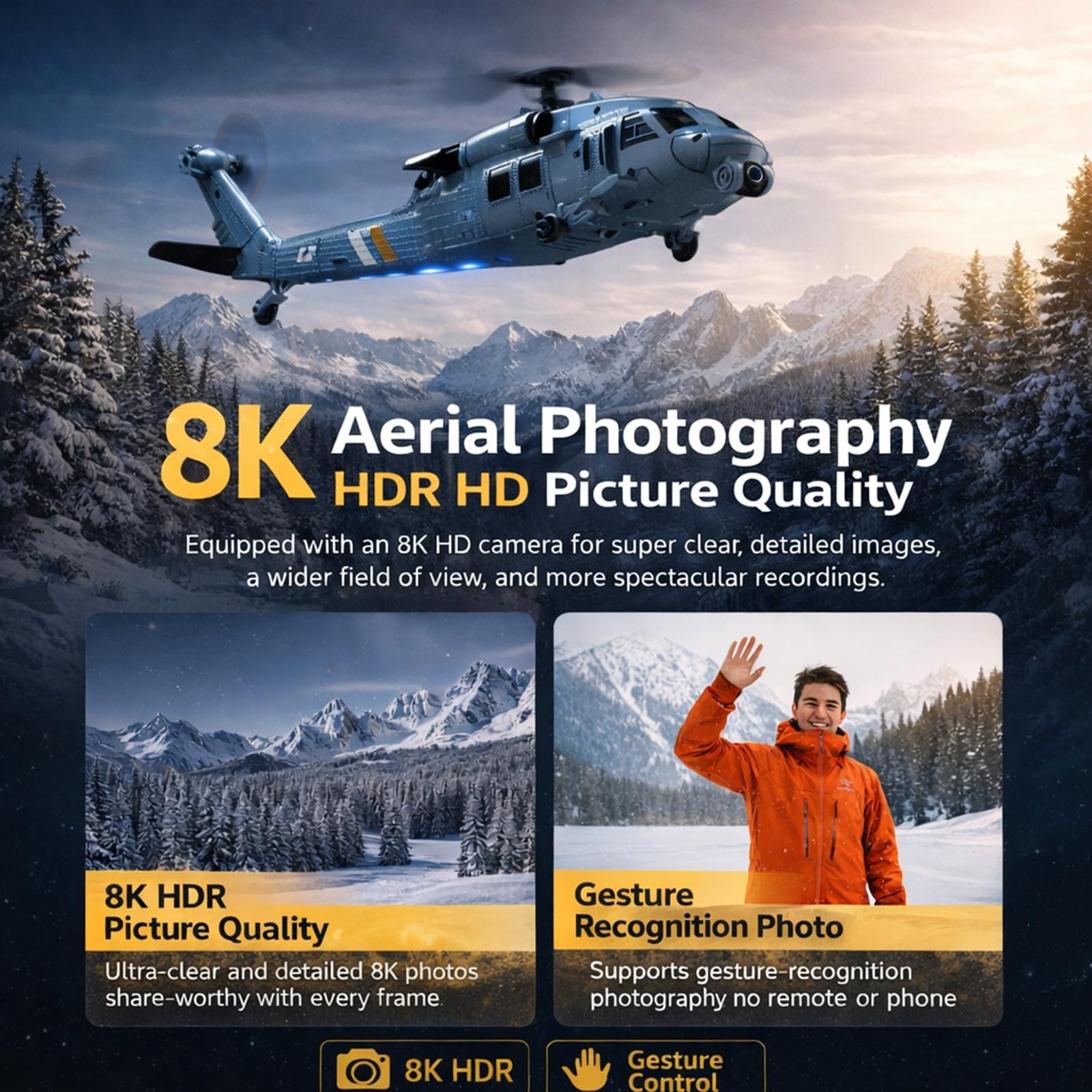 RC Hubschrauber Brushless 4CH intelligenter Ferngesteuerter Hubschrauber mit eingebautem HD-Display-Controller und GPS Optical Flow für Erwachsene 2 Akkus