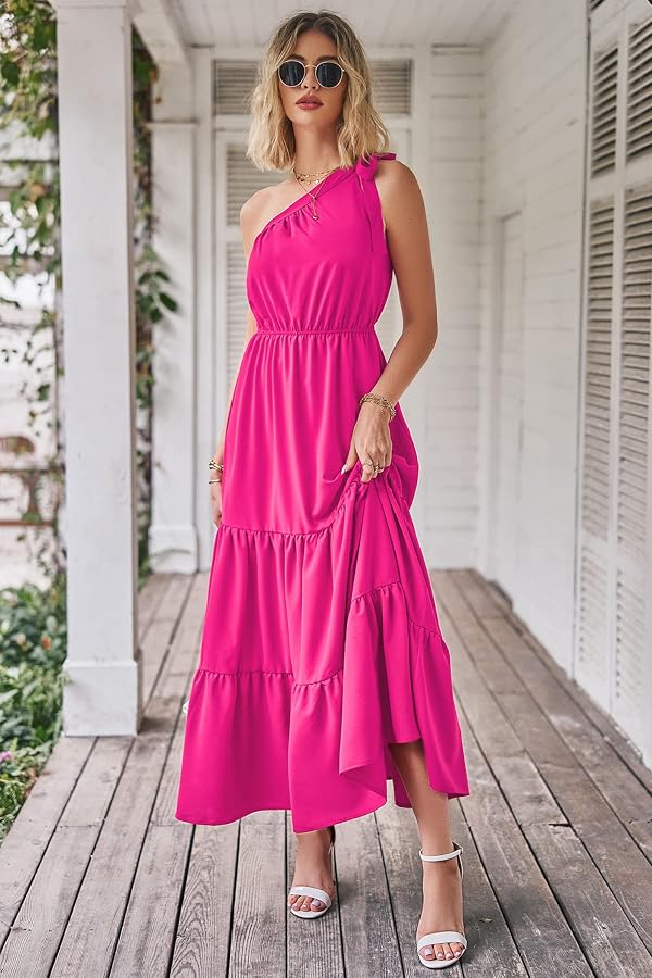 PRETTYGARDEN Women's One Shoulder Boho Maxi Dress, Solid Rose Red,M by PRETTYGARDEN - Used condition - Image 2