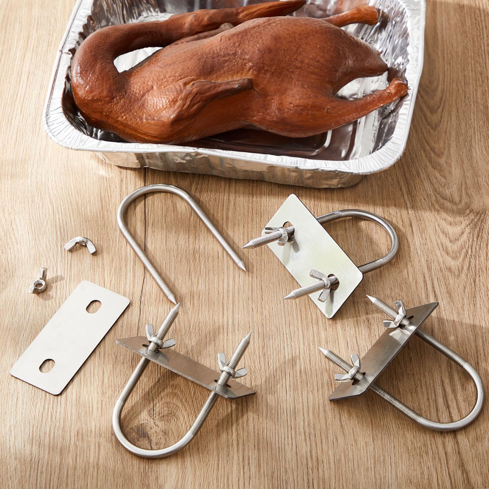 Confezione da 4 forchette per girarrosto in acciaio inox, bulloni a U per spina dorsale di maiale, lunghezza 14 cm, larghezza 5,1 cm, asta per spiedo, accessori per griglia per barbecue