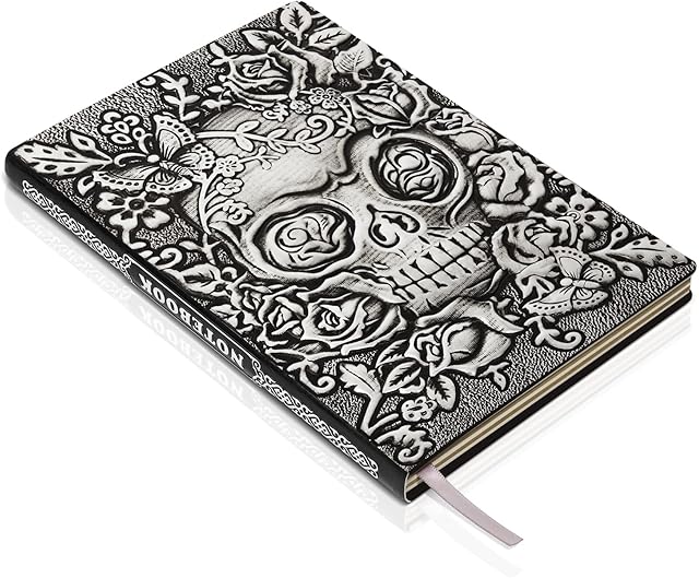 Skull Embossed Leather Journal Notebook - 3D Handmade Vintage Notebooks Travel Diary with Lined Paper Antique Leather Sketchbook Writing Journals for Women & Men (A5, Silver)