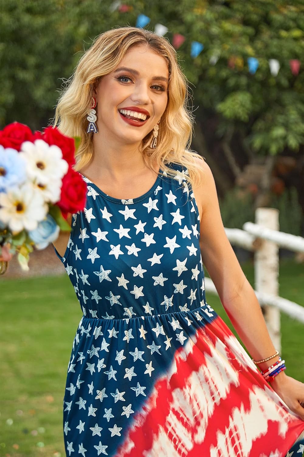 For G and PL Womens 4th of July Maxi Dress American Flag Sleeveless Long Dress with Pockets - Image 2