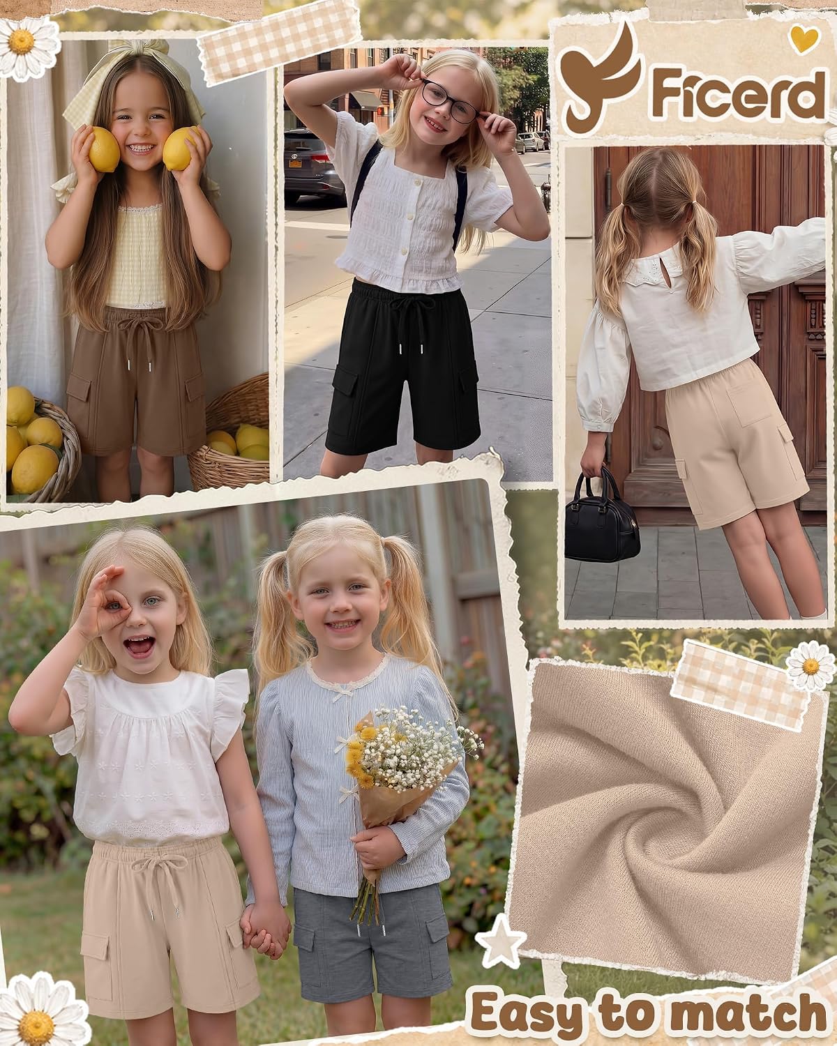 Ficerd 4 Pack Girls Cargo Bermuda Shorts Kids Knee Length Drawstring Long Shorts Casual Straight Leg Pants with Pockets 5-14Y