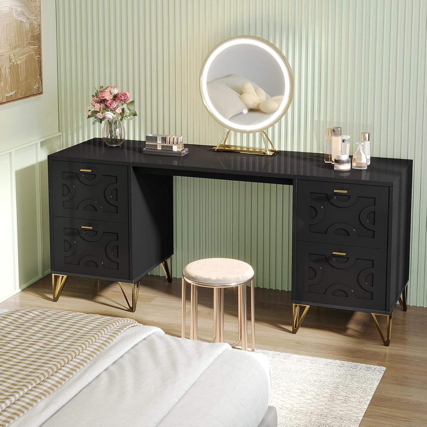Tribesigns 59-Inch Makeup Vanity Desk with 4 Drawers, Black Dressing Table with Storage, Modern Beauty Table Simple Home Office Computer Desk with Gold Legs for Bedroom (Without Mirror)