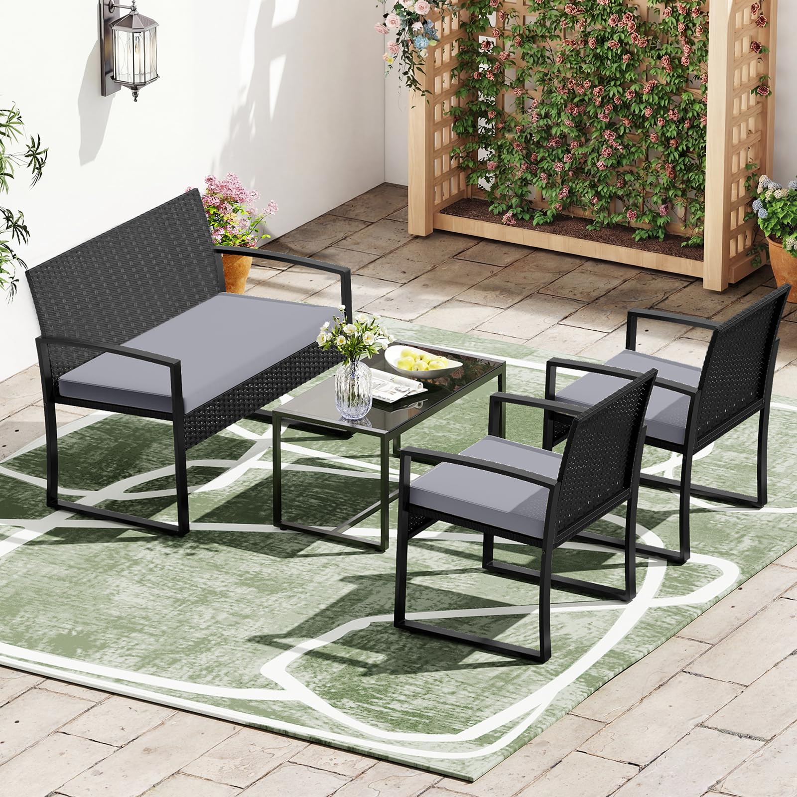 COSTWAY Rattan Gartenmöbel Set, Outdoor Lounge Möbel, Balkonmöbel Kleiner Balkon, Sitzgruppe mit 2 Sessel, Bank, Tisch & Sitzkissen, Terrassenmöbel, Sitzgarnitur, Gartengarnitur (Grau)