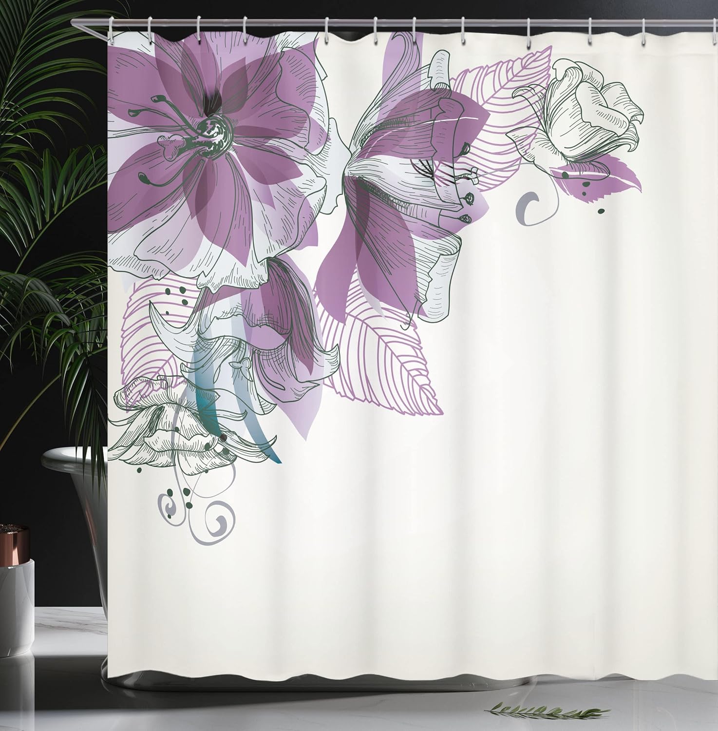 Ambesonne Flowers Shower Curtain, Buds Leaf at The top Left Corner Season Celebrating Theme Illustration, Cloth Fabric Bathroom Decor Set with Hooks, 69" W x 84" L, Violet White