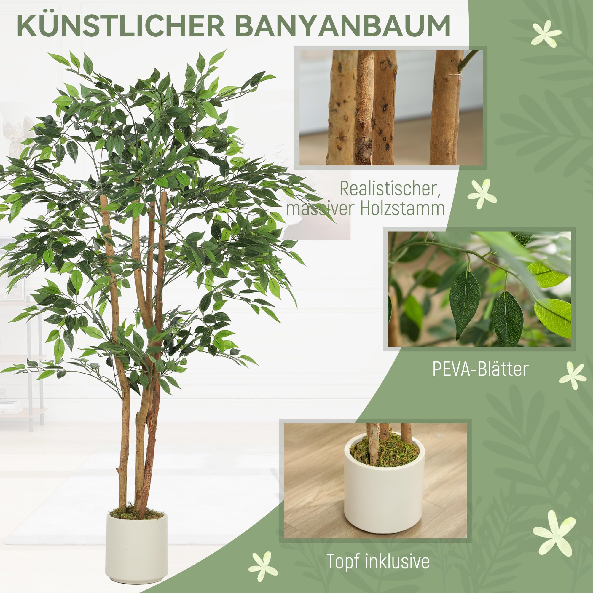 HOMCOM Künstlicher Banyanbaum 150 cm Kunstpflanze mit Massivholzstamm, Topf | Künstliche Pflanze, Plastik wie Echt, Deko für Wohnzimmer Schlafzimmer Büro Garten
