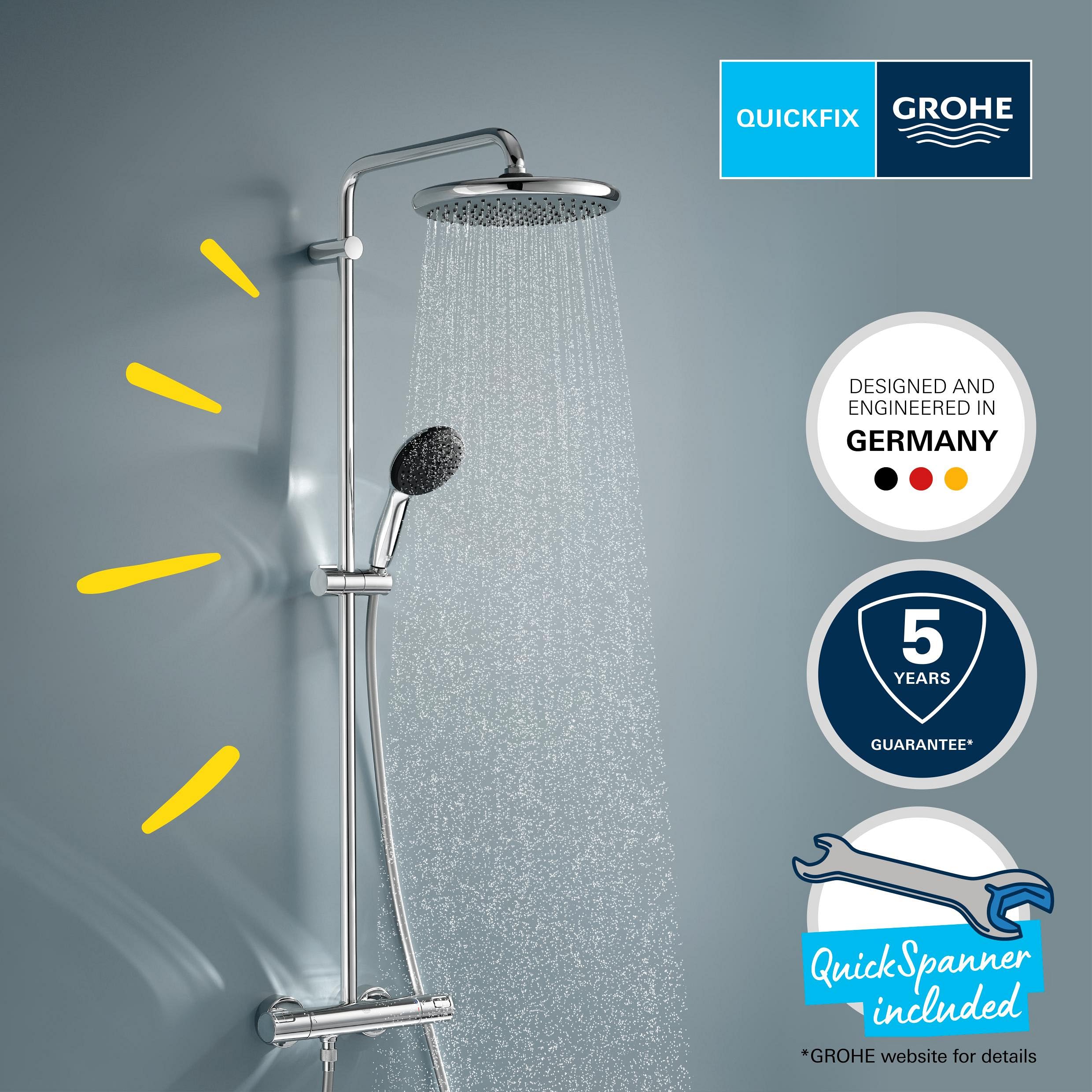 Grohe Vitalio 250 system prysznicowy oszczędzający wodę – 8 l na min (2 rodzaje strumienia, obrotowe ramię prysznicowe, blokada bezpieczeństwa przy 38C, system zapobiegający osadzaniu się kamienia),