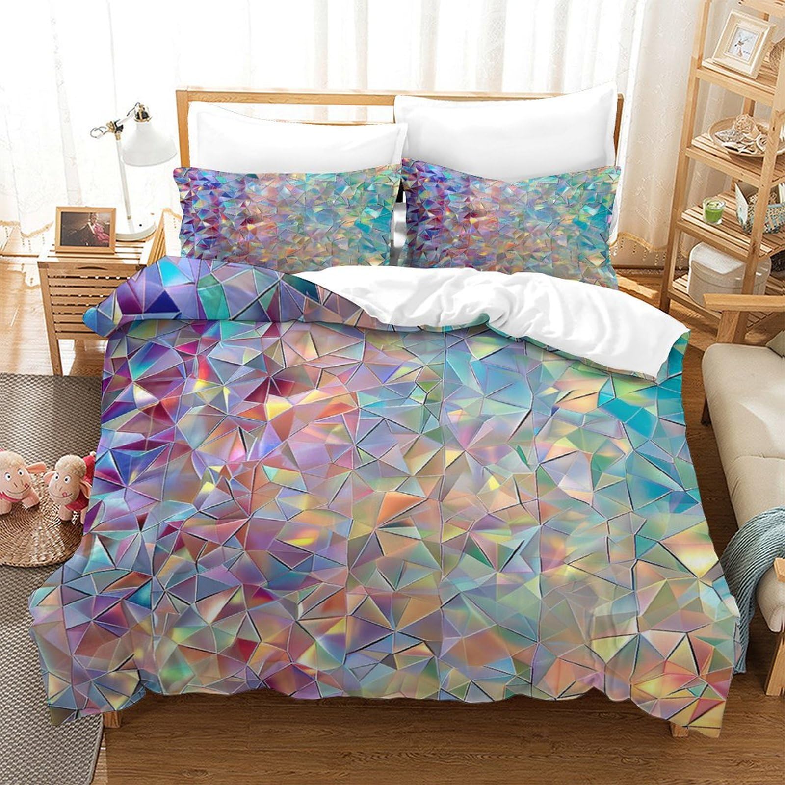 P1S9U7W5Y 3D Printed Iridescent Geometric Shard Duvet Cover Set 3pcs Microfiber Crystal Pattern Bedding Set Double（200x200cm）