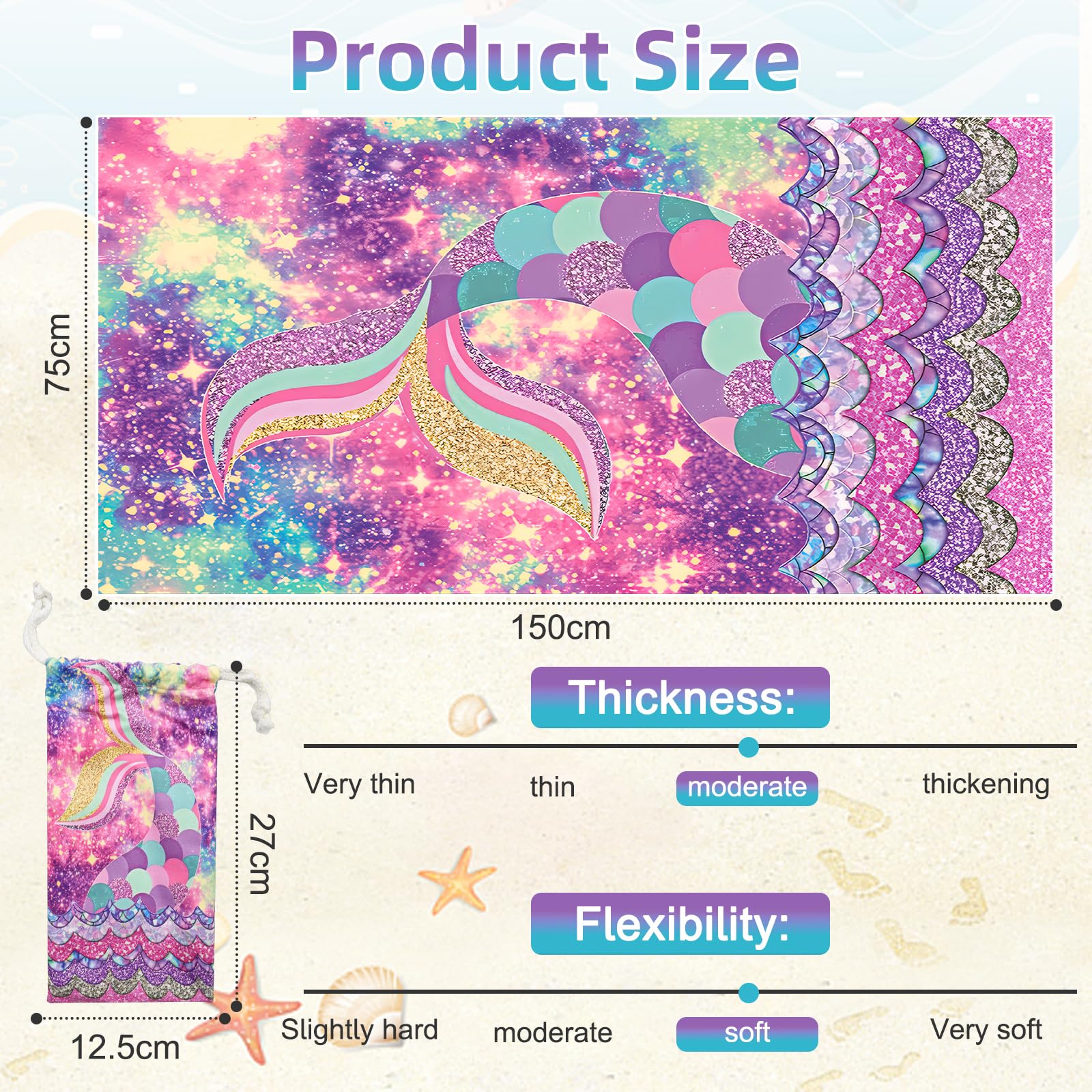 Cyiecw 75x150 cm Meerjungfrau Strandtuch für Mädchen, Schnell Trocknend Strandhandtuch mit Tasche, Mikrofaser Badetuch Ultra Saugfähig für Strand Reise Schwimmen (1)