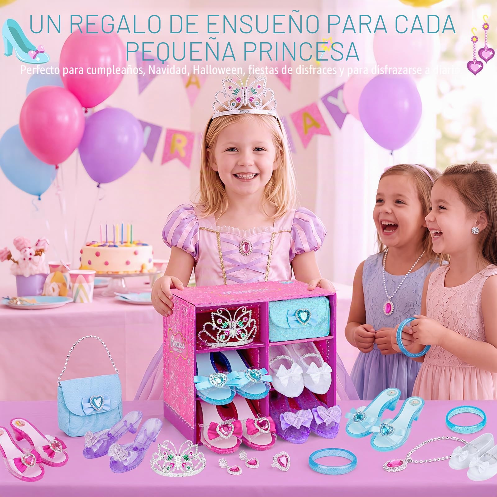 deAO Zapatos de Vestir de Princesa, Juguetes de Princesa con 4 Pares de Zapatos de Juego, 1 Bolso y Accesorios de joyería para niñas de 3, 4, 5, 6 años, Pulseras, Collares, aretes y Tiara de Corona,