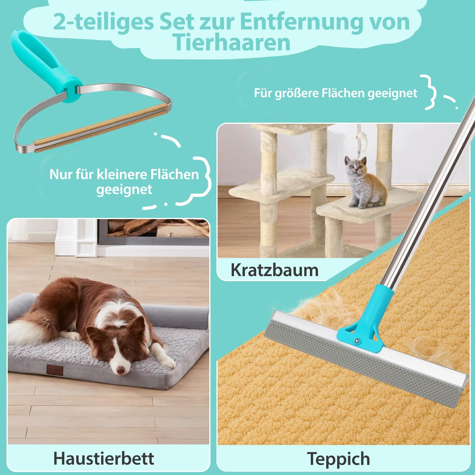 Tierhaarentferner, 2-in-1-Haarentferner, Teppichbürste mit 138 cm Verstellbarem Griff zum Entfernen von Tierhaare aus Autos, Teppichen, Fußböden, Sofas und Kleidung (Blau)