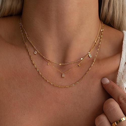Miniatura 3 de Fwlisesa Collares en capas para mujer, conjunto de collares de oro delicado, collar de gargantilla chapado en oro de 14k, con circonita cúbica,