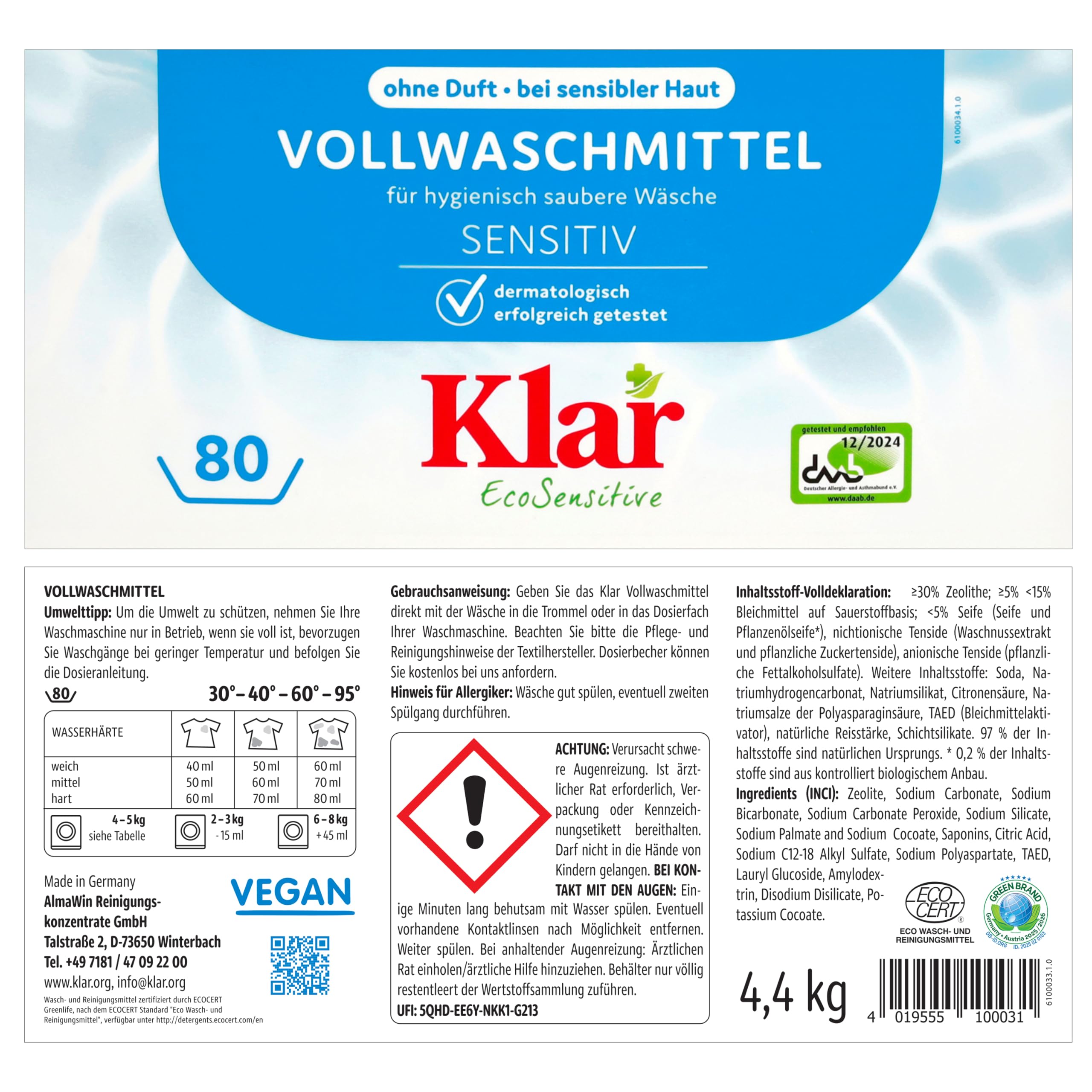 Klar Vollwaschmittel Pulver Sensitive 2x 4,4kg - 160 Ladungen