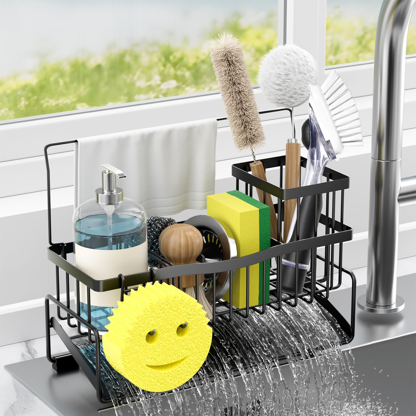 Adurei Sponge Holder for Kitchen Sink 304 Stainless Steel Self-Draining Sink Caddy with Smiley Face Sponge and Brush Holder Towel Bar and Divider Kitchen Gadgets Organizer for Countertop, Black
