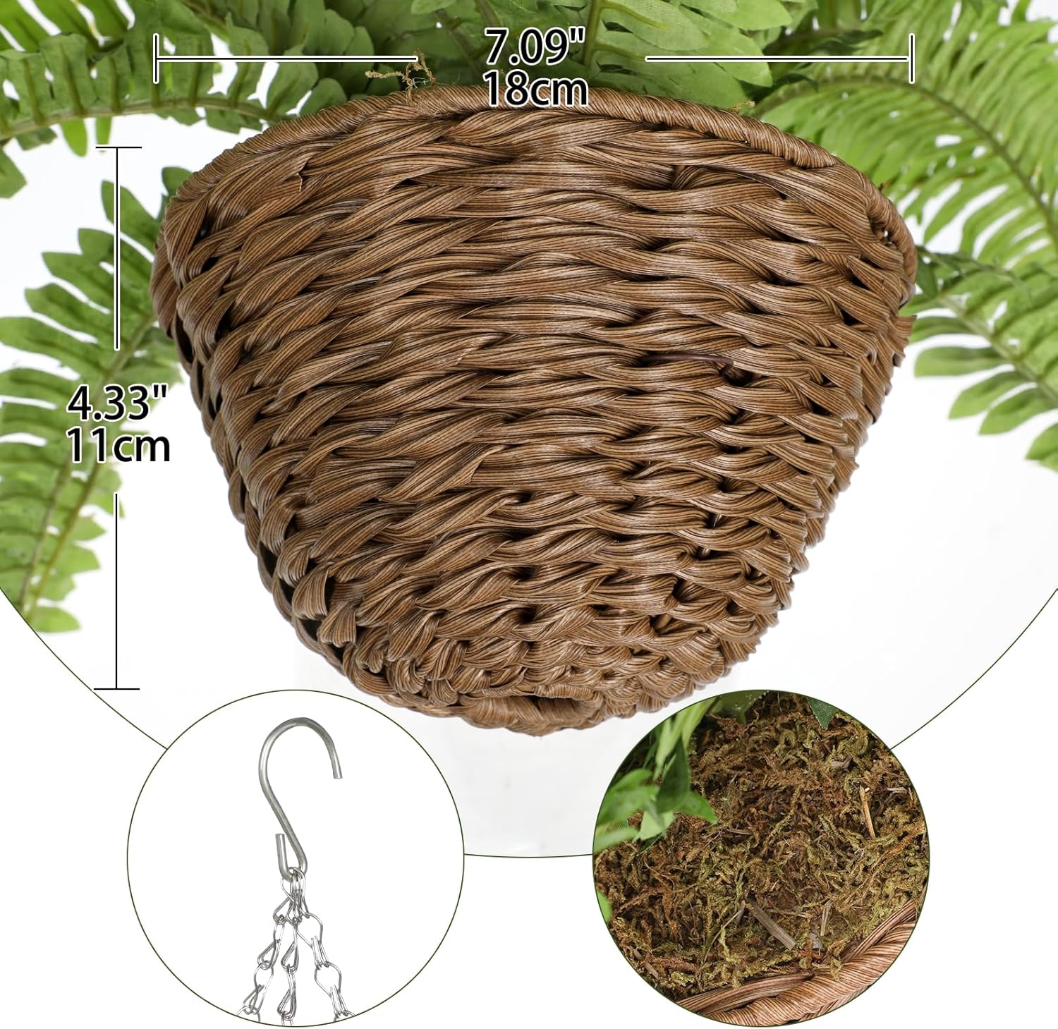 Hollyone 25" Artificial Boston Fern Hanging Basket 31 Leaves Fake Ferns in Rattan Pot Medium Greenery Plants for Outdoors & Indoor Faux Fern Bush Basket Plant Patio Garden Home Decor Dusty Green - Image 2