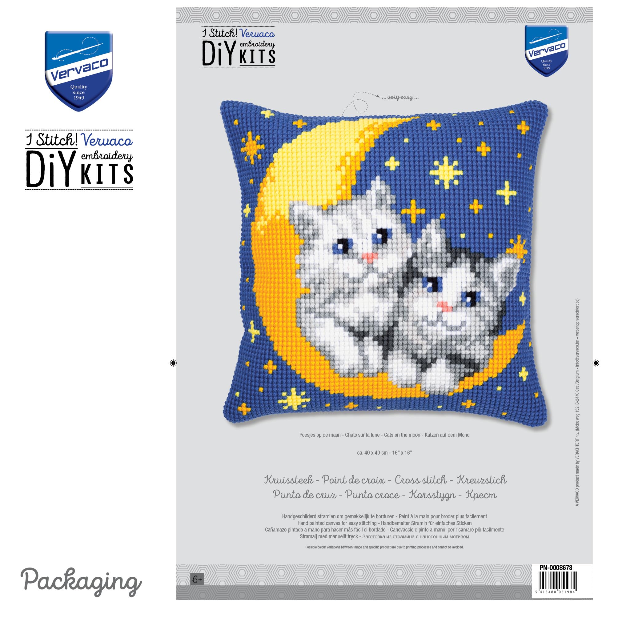 VERVACO Kit Cuscino Punto Croce Gatti sulla Luna Set Ricamo Principianti Cuscini Gobelin Decorativi ca. 40 x 40 cm Accessori per Lavoretti Creativi DIY Casa Decor Hobby Adulti Cross Stitch