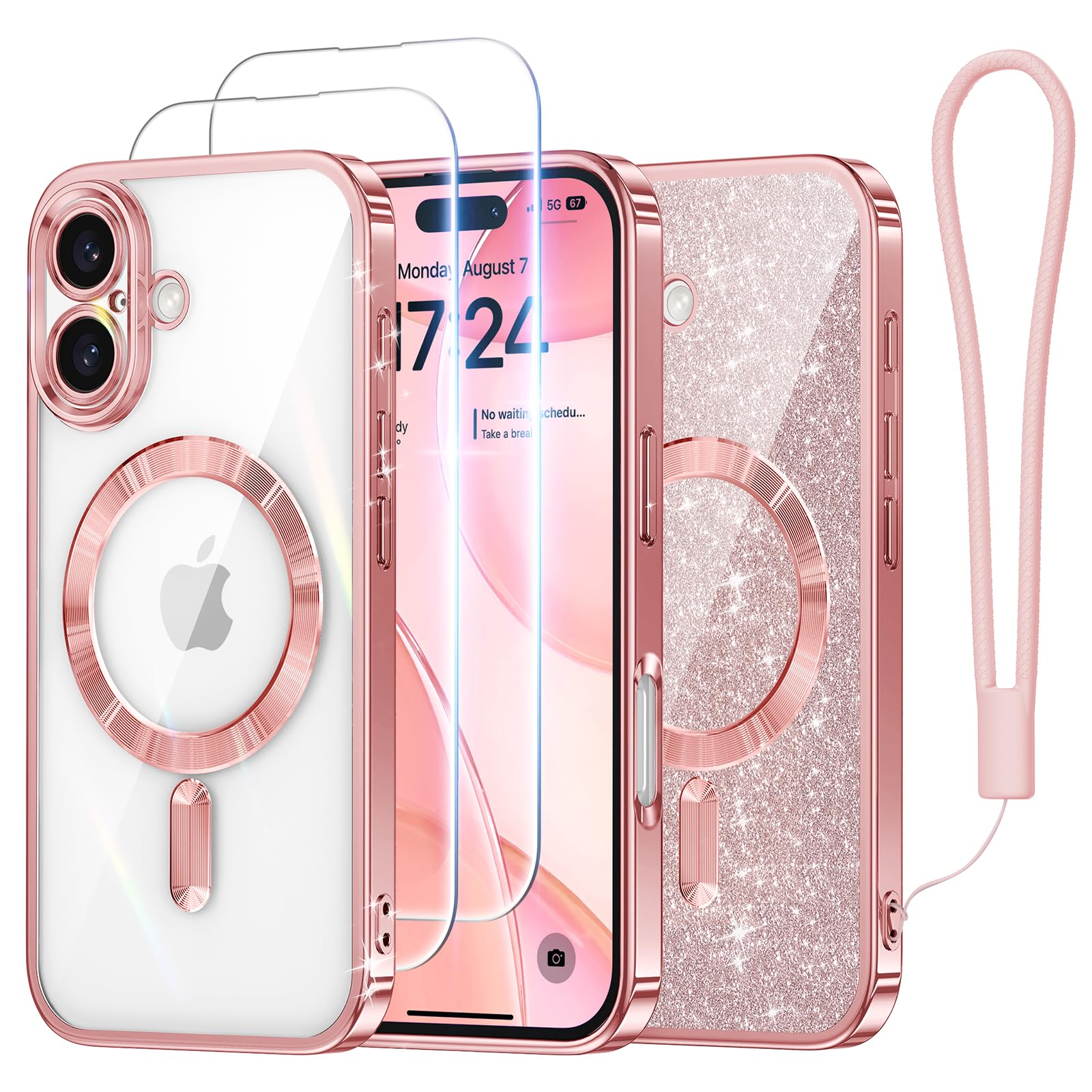 Meifigno Case Designed for iPhone 16 6.1 inch, [Compatible with MagSafe] [2X Screen Protectors] [Glitter Card & Wrist Strap] Surround Lens Protection