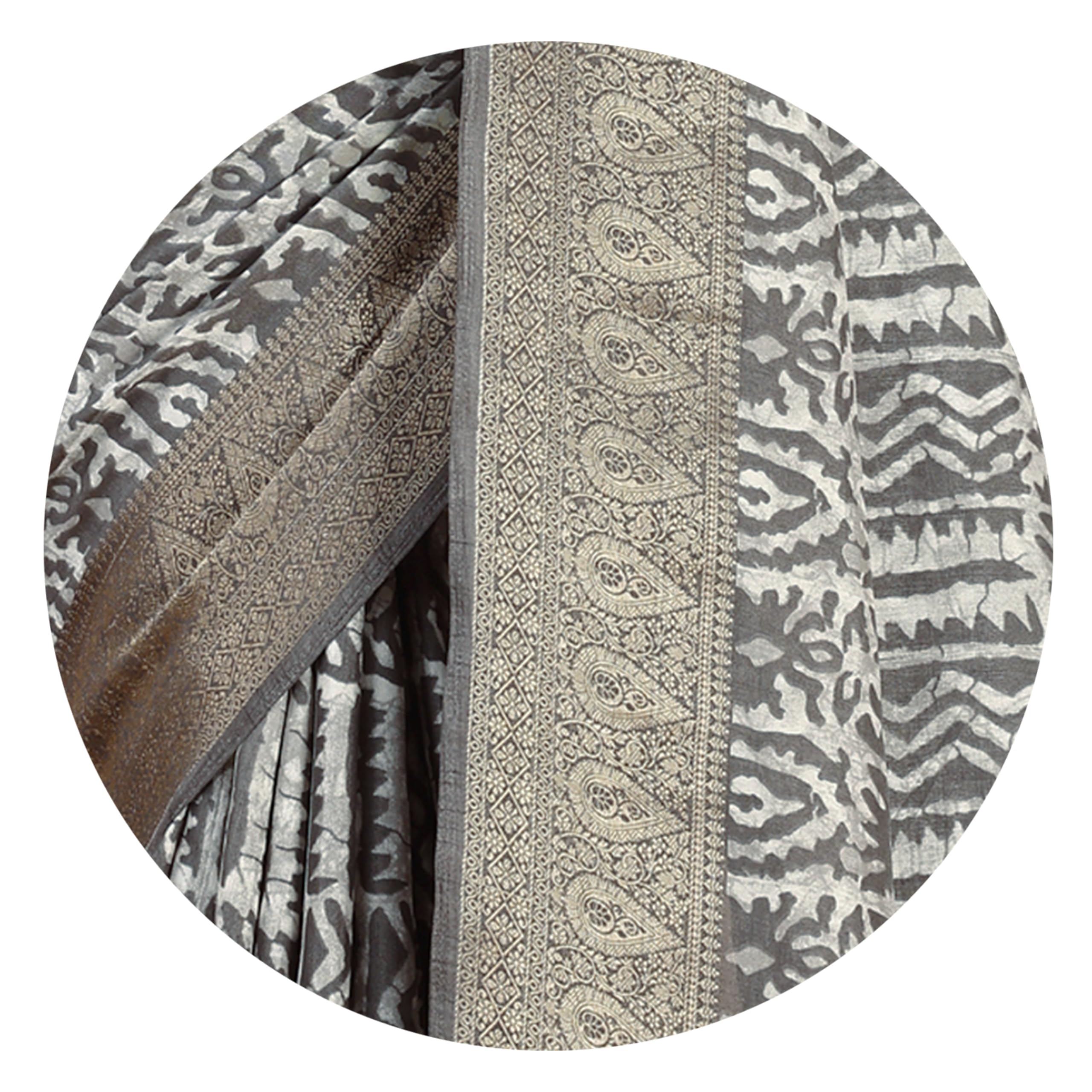 MIRCHI FASHION Women Dola Silk Batik Printed Saree with Blouse Piece (39948 - Grey, Off White) - Image 6 thumbnail