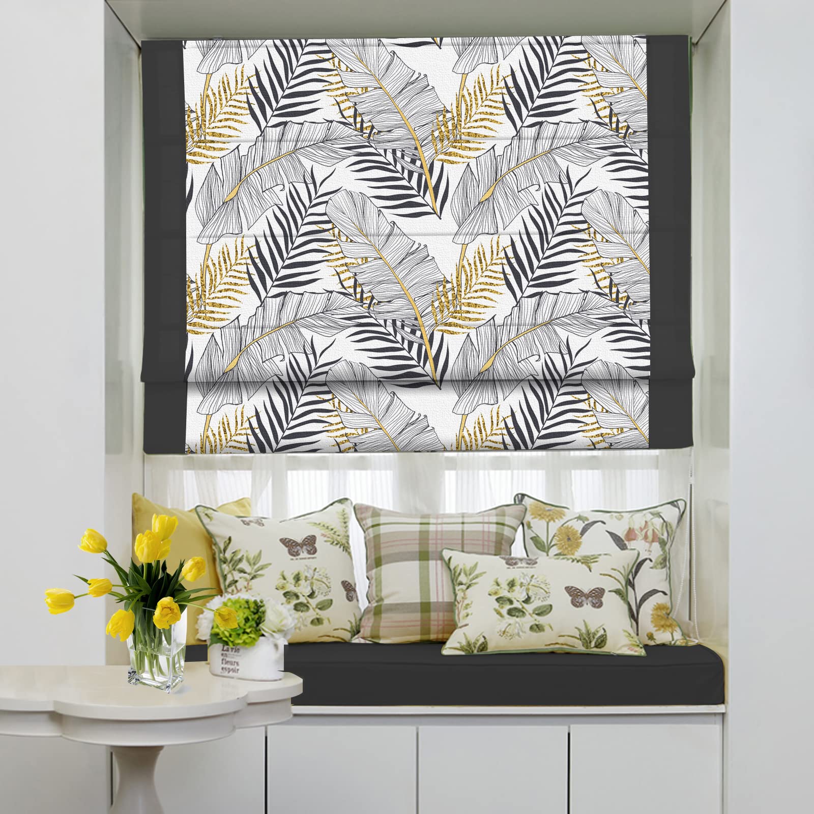 LANTIME Roman Shades Window Blinds, Lined Blackout Print Fabric with Solid Border Window Roman Shades, Ravenala