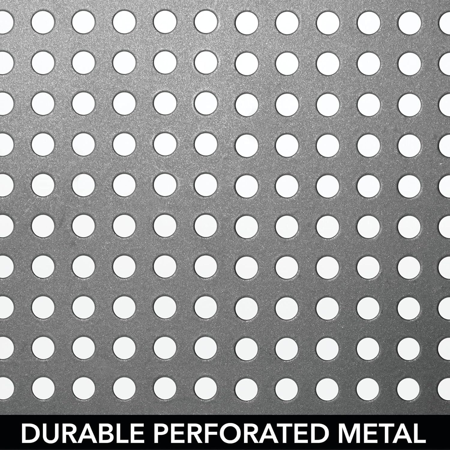 Two mDesign metal square storage shelves used in a closet, organizing folded clothes and handbags.