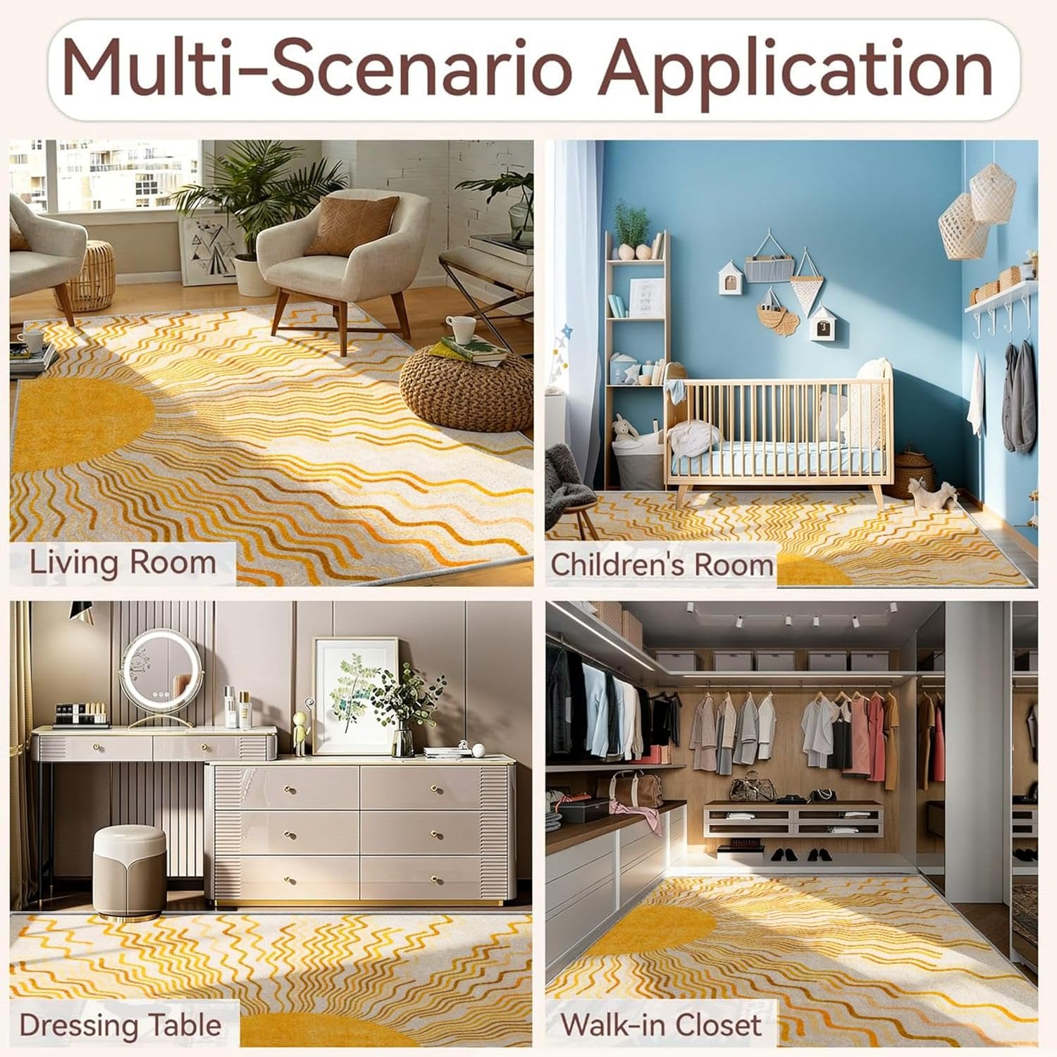 Ombre Yellow Sun Area 2x3 Rug,Machine Washable Boho Rug, Ultra Thin Non Slip Mid Century Indoor Rugs for Doorway Bedroom Living Room Kitchen Waterproof Floor Mat