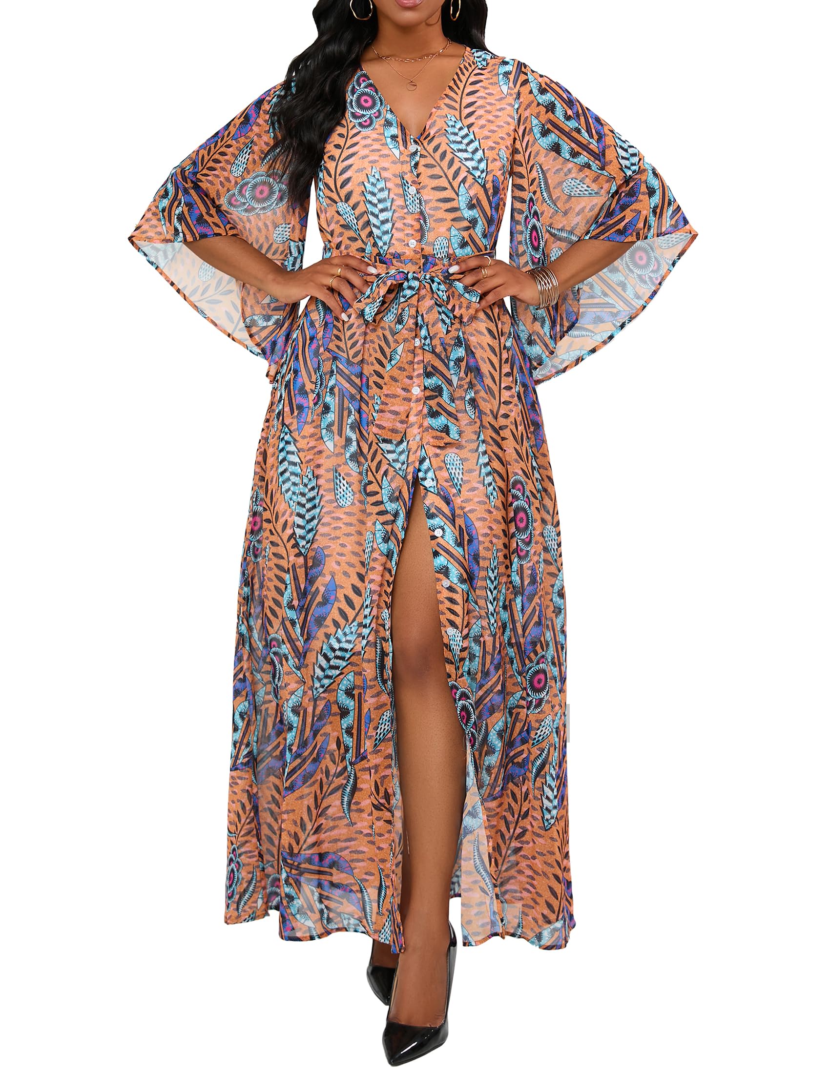 VERWINPrint Maxi Dress Chiffon Dress Button Down Belted Dress with Pockets Floral Half Sleeve Dress
