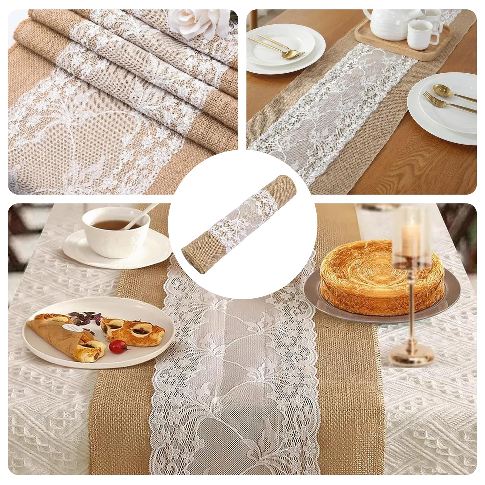 Tischläufer Jute mit Spitze Weiß 30CMx10M Natürliches Sackleinen Tischband,Tischläufer Weihnachten Läufer für Weihnachtsdeko Innen,Spitze Hochzeit für Festival-Ereignis Tischdekoration