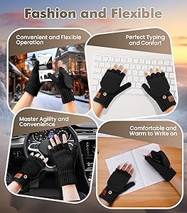 CHENMEI Winter Fingerless Gloves for Men Women - Mittens Finger Wool Gloves with Flip,Warm Half Finger Knitted Cold Weather