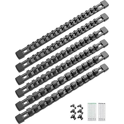 ALOANES 6PC ABS Socket Organizer, Socket Rails Fit 1/2 inch, 3/8 inch and 1/4 inch Drive, Heavy Duty Socket Holders Hold up to 86 Sockets, Black Rails with Black Clips