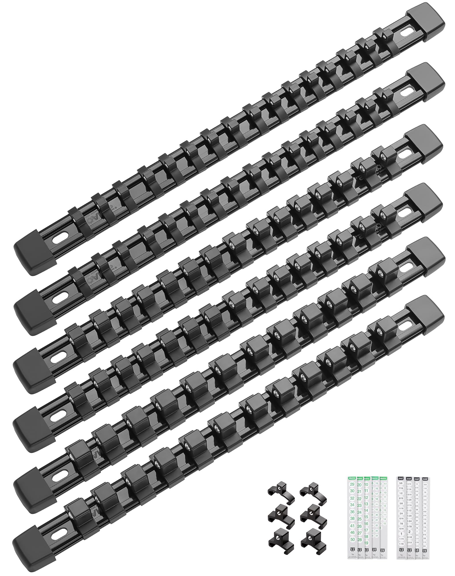 ALOANES 6PC ABS Socket Organizer, Socket Rails Fit 1/2 inch, 3/8 inch and 1/4 inch Drive, Heavy Duty Socket Holders Hold up to 86 Sockets, Black Rails with Black Clips