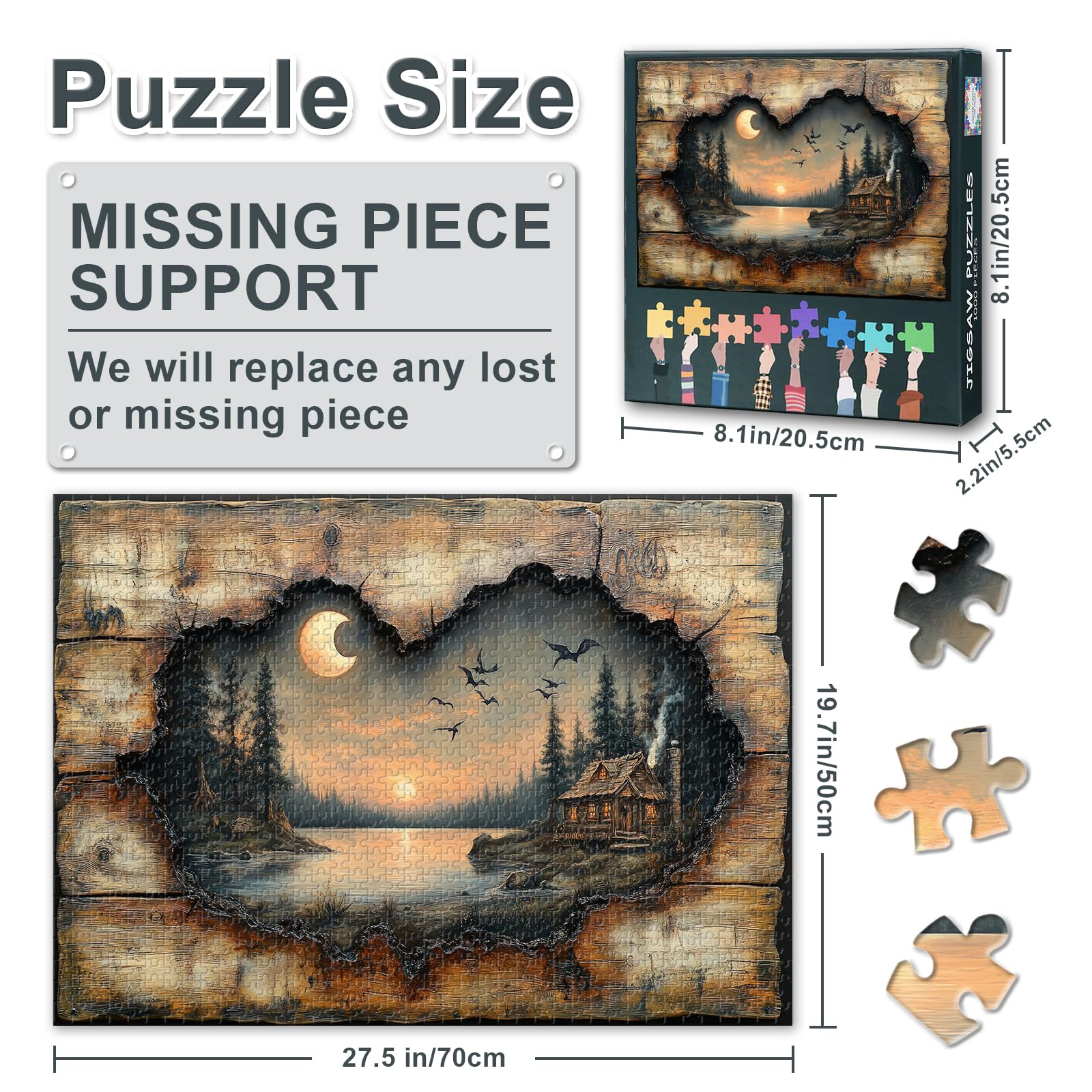 1000 Piece Puzzles for Adults Rustic Wooden Frame Reveals a Moonlit Forest Scene with a Cabin on the Lakeshore Jigsaw Puzzle - Image 3