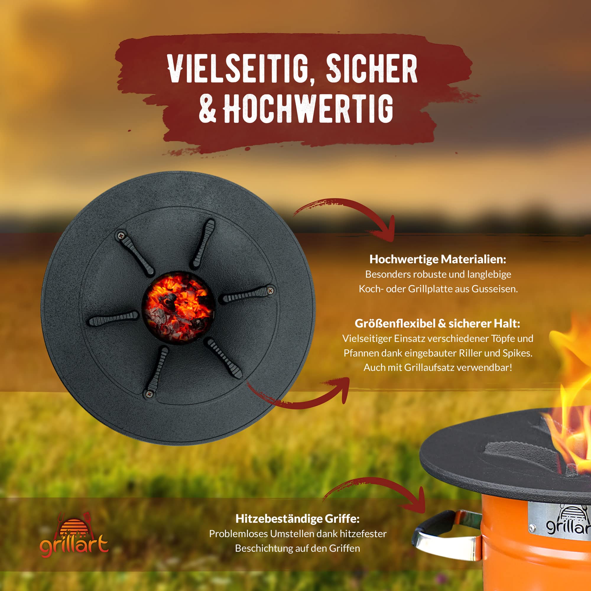 grillart® Outdoor-Raketepfanne "PowerTrain" avec sac de transport - Orange - Four à bois efficace comme réchaud de camping pour dutch oven et poêles à griller
