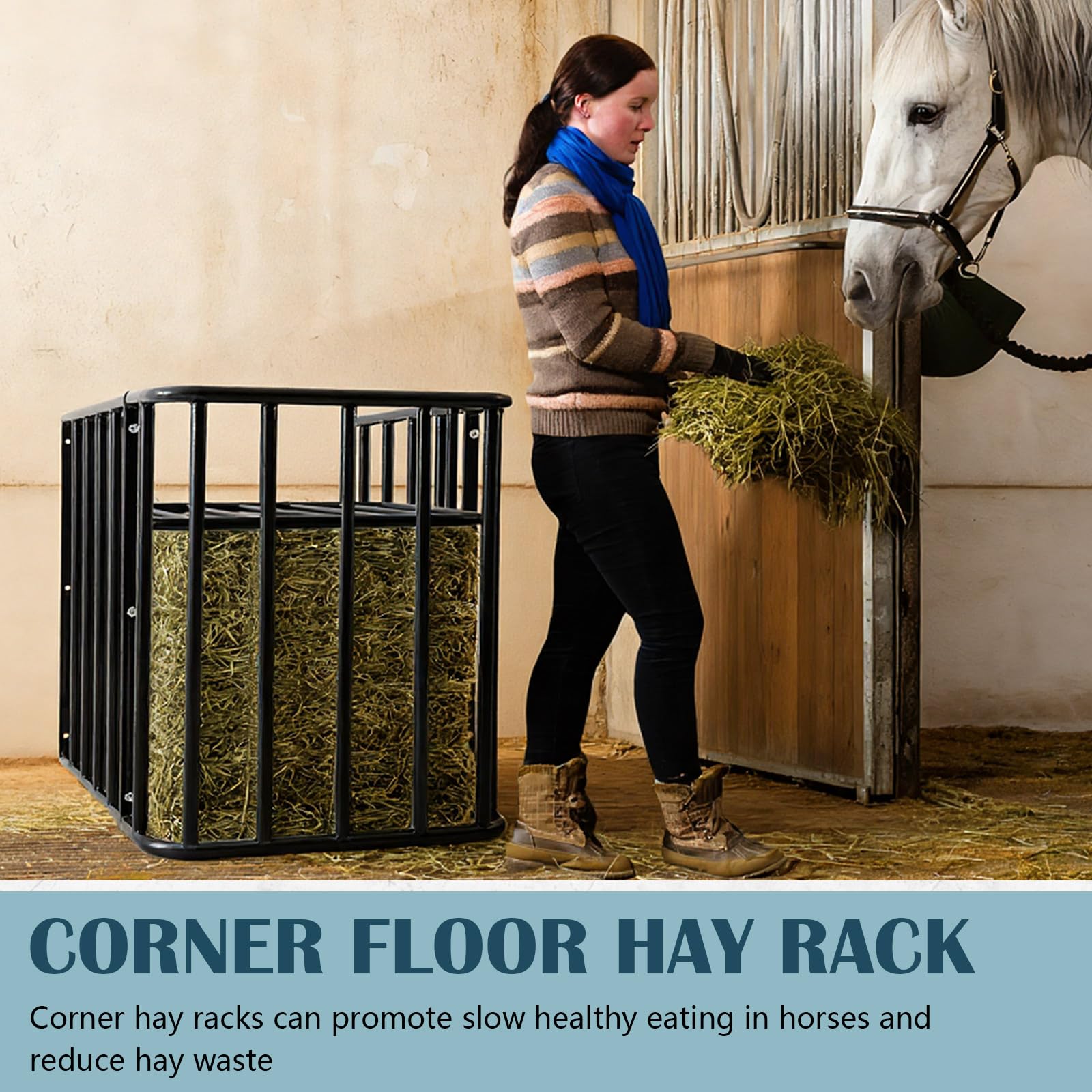 Otoolling Flat Wall/Corner Hay Feeder for Horse, Large Hay Rack Feeder Blanket Holder, 2.5" Healthy Slow Eating Prevents Waste, Easy Assembly for Goats Sheep Indoor Outdoor(Flat Wall with Lid) - image 4
