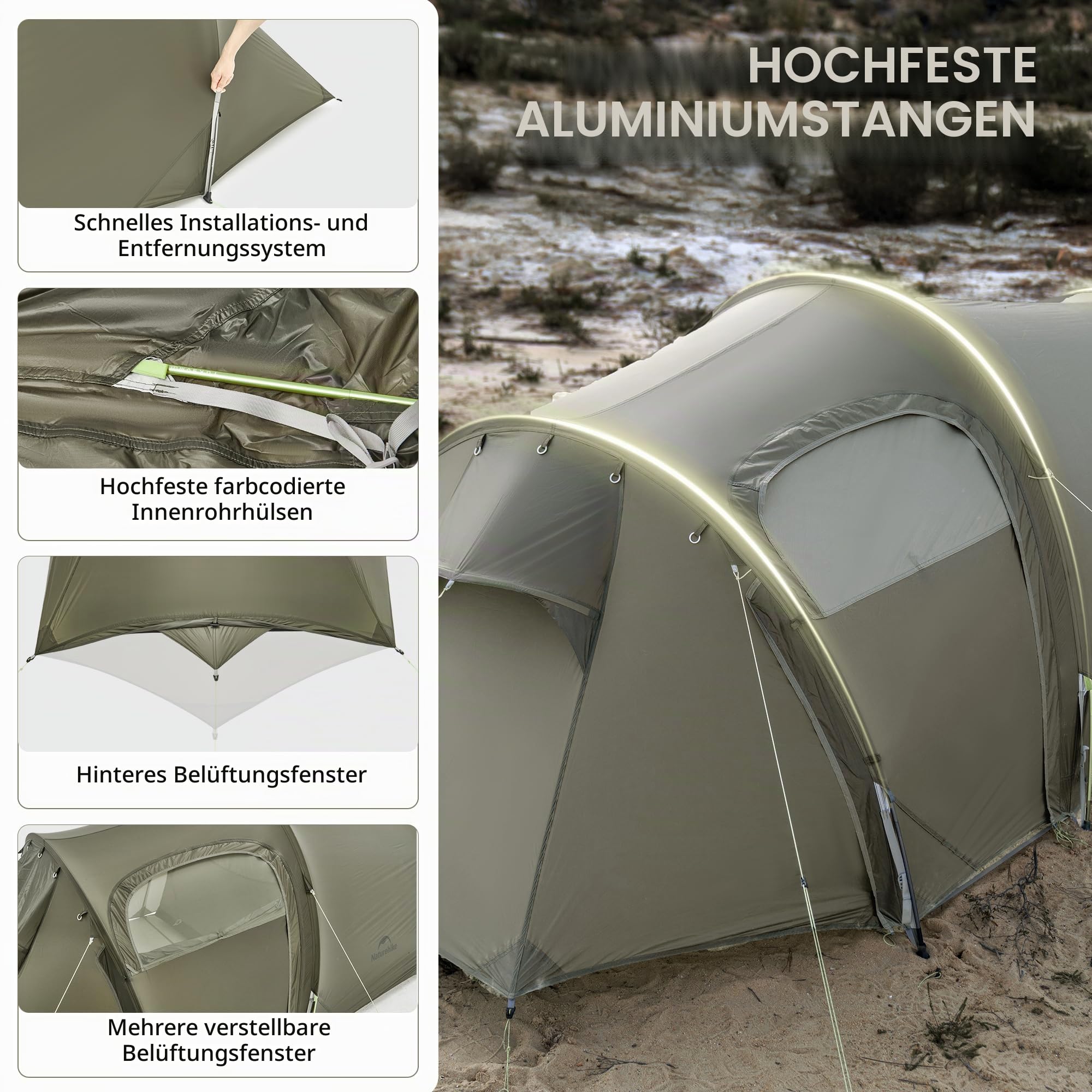 Naturehike Opalus UL Tunnelzelt 2/3 Personen Familienzelt Geräumiges Leichtes mit Markise Zelt 4 Saison Rucksackzelt für Camping Backpacking Outdoor