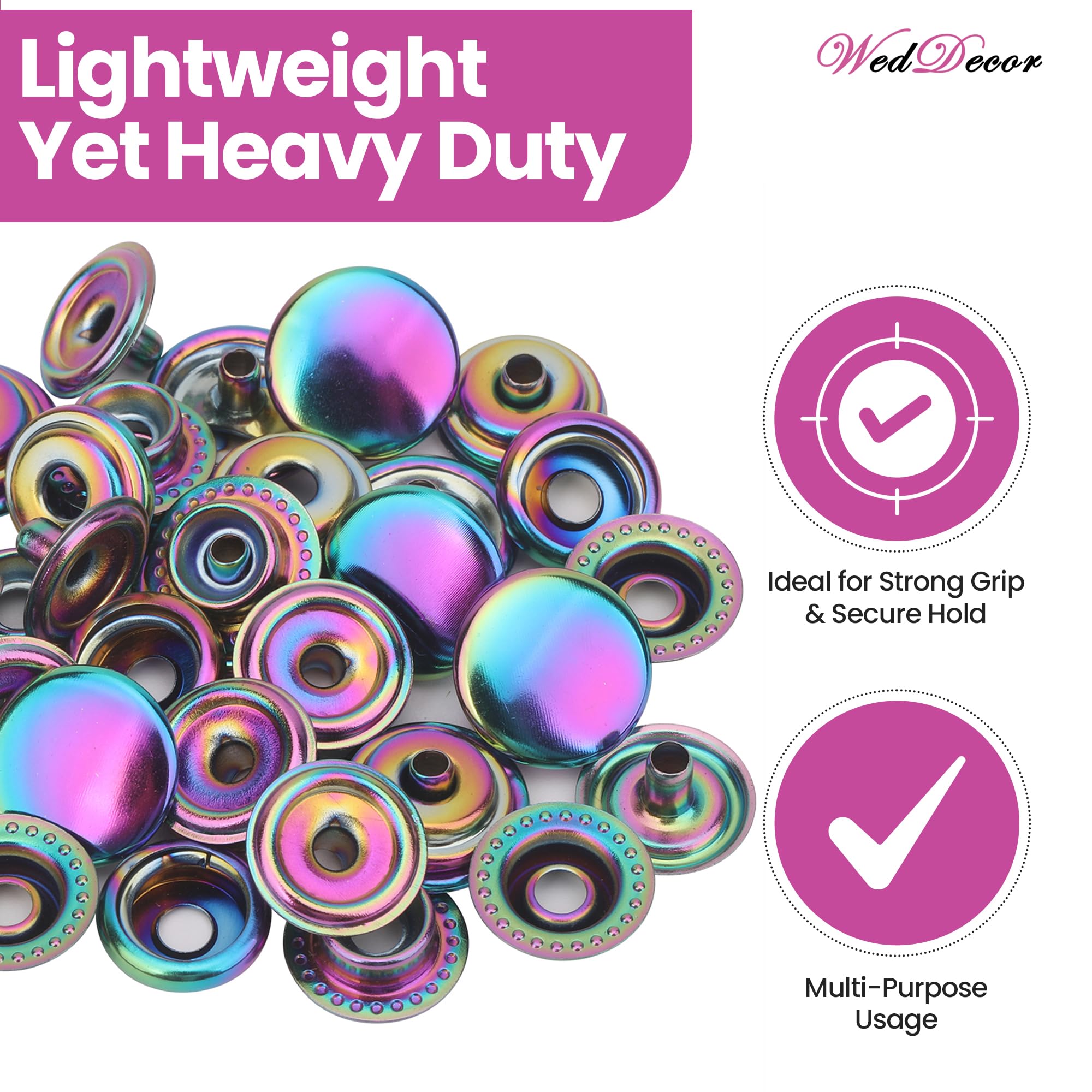 WedDecor Botones de presión grandes de 15 mm de latón resistente de cuatro piezas para manualidades en cuero, cubierta de barco, reparación, reemplazo, ropa, arco iris, 100 juegos
