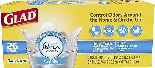 Glad OdorShield - Bolsas de basura pequeñas, Febreze Fresh Clean, 4 galones, 26 unidades (el paquete puede variar)