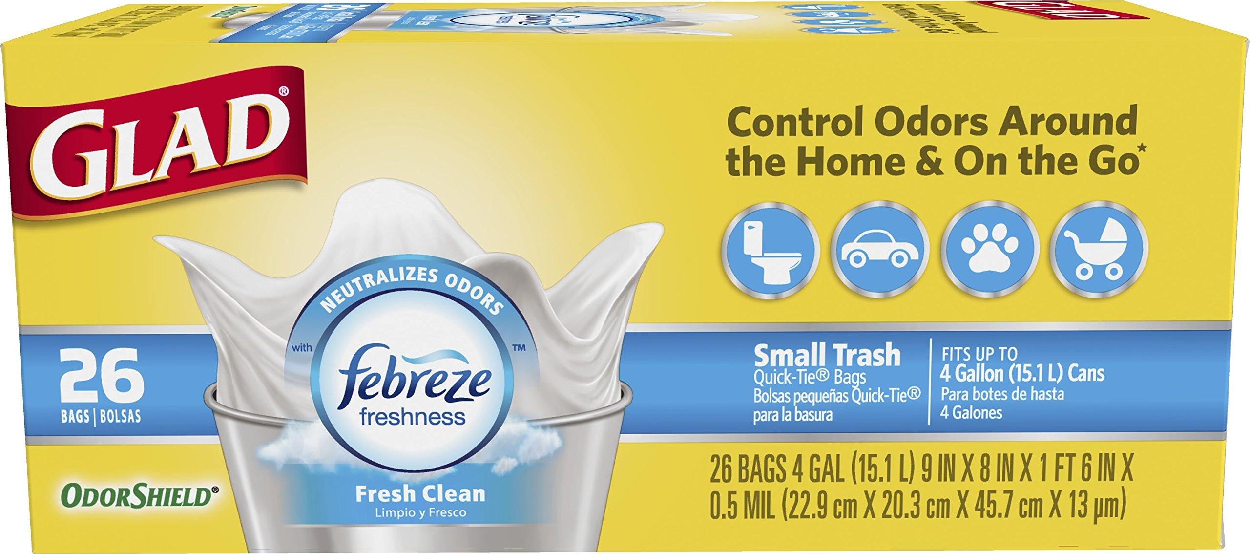 Glad Small Trash Bags 4 Gallon Febreze Fresh Clean Garbage Bags Odor Resistant with Quick Tie 26 Count