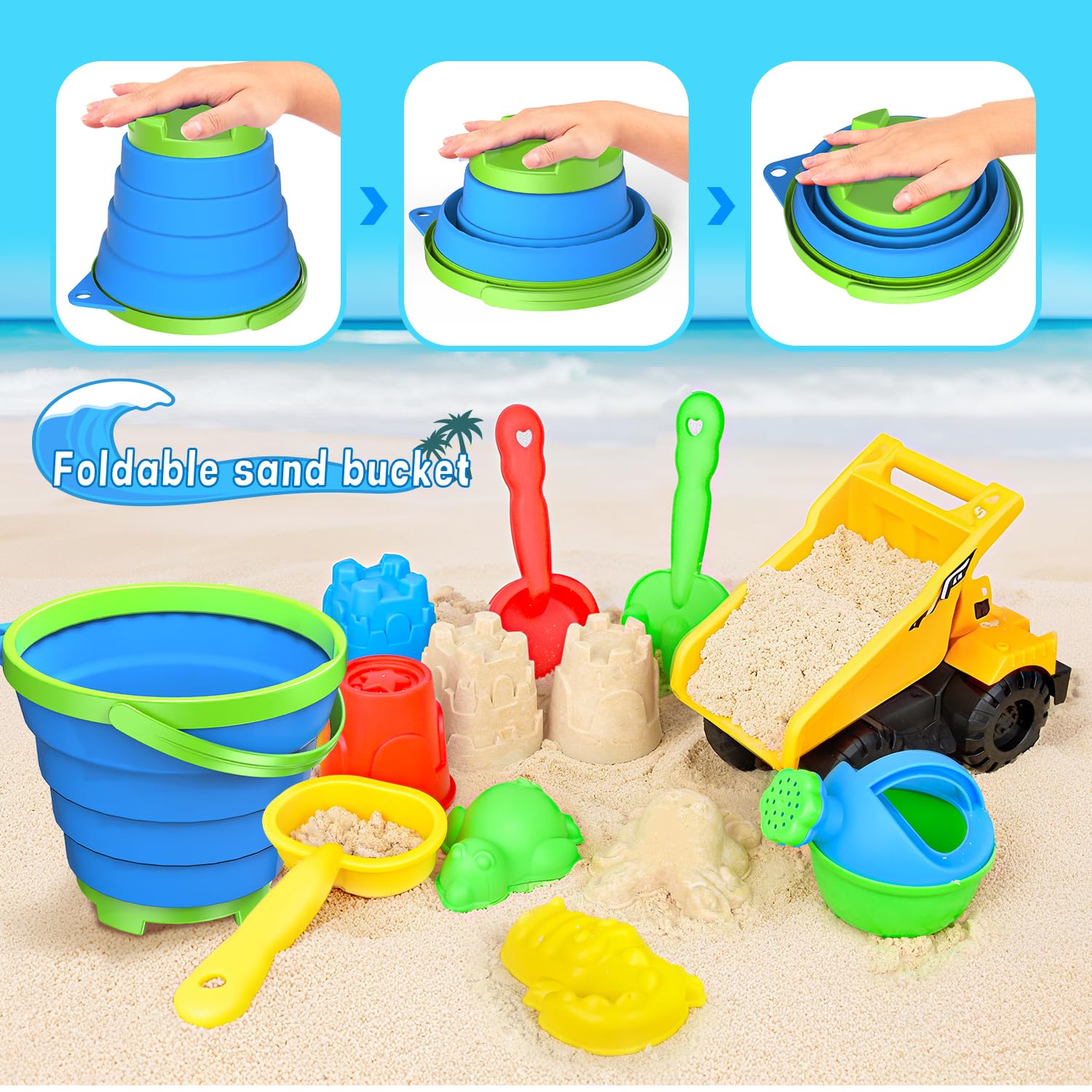 Beach Toys, 14Pcs Sand Toys with Construction Vehicle and Collapsible Beach Bucket, Animal Sand Mold Sets - Image 3