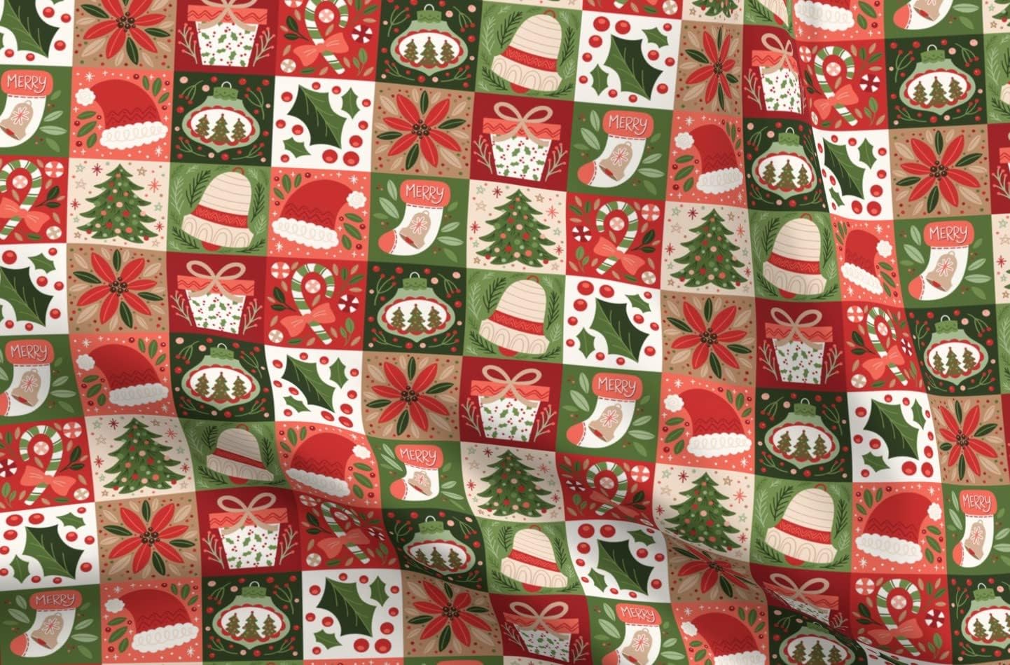Spoonflower Fabric - Christmas Geo Holiday Green and Red Presents Stocking Poinsettia Holly Printed on Upholstery Velvet Fabric Fat Quarter - Upholstery Home Decor Bottomweight Apparel