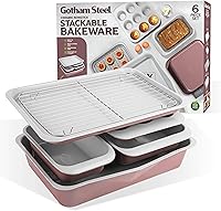 Gotham Steel 6-Pc Stackable Nonstick Bakeware Set: Space-Saving 70%, PFOA-Free Ti-Cerama, Oven/Dishwasher Safe Cookie Sheet, Muffin, Cake Pans