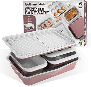 Gotham Steel 6-Pc Stackable Nonstick Bakeware Set: Space-Saving 70%, PFOA-Free Ti-Cerama, Oven/Dishwasher Safe Cookie Sheet, Muffin, Cake Pans