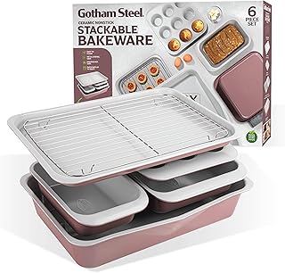Gotham Steel 6 Pc Stackable Baking Pans Set, 70% Space Saving Design, Ce...
