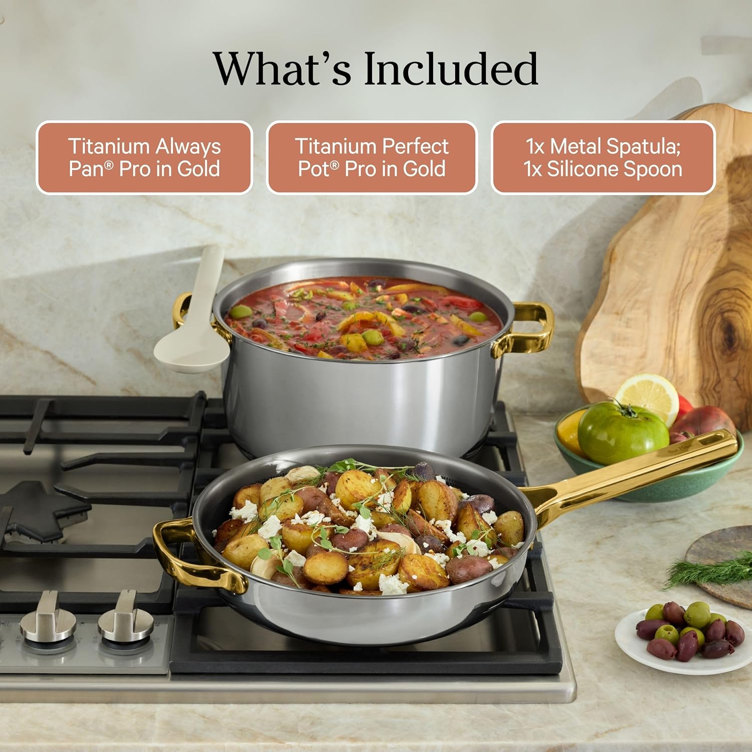 Our Place Titanium Pro Cookware Duo | Always Pan Pro & Perfect Pot Pro | Coating-Free Nonstick | Tri-Ply Titanium & Stainless Steel | Safe for Oven, Induction & All Cooktops up to 750°F | Gold