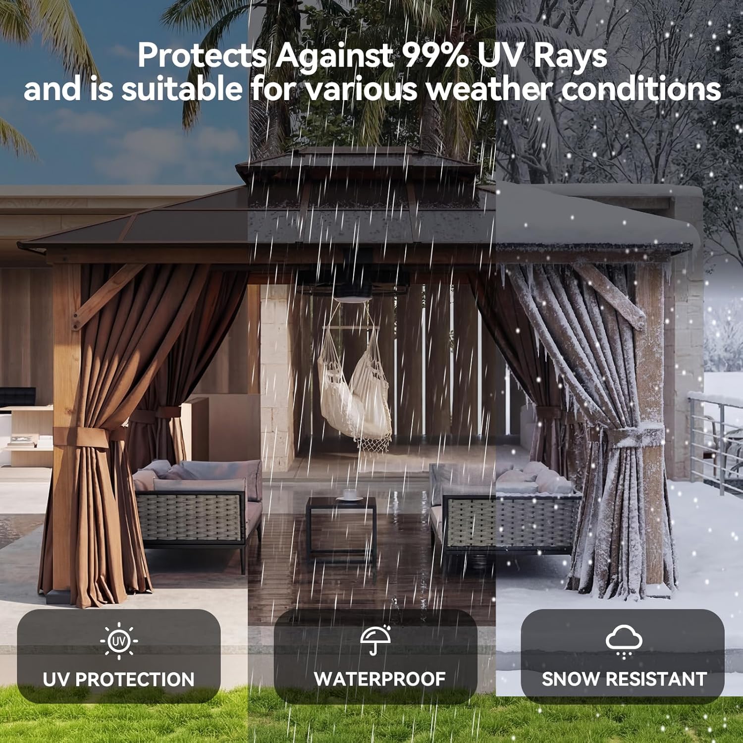 Aoxun 10' x 12' Outdoor Wood Gazebo, Hardtop Gazebo Permanent Wooden Pavilion with Double Polycarbonate Top, for Patio, Garden, Deck, Cedar Wood, Natural