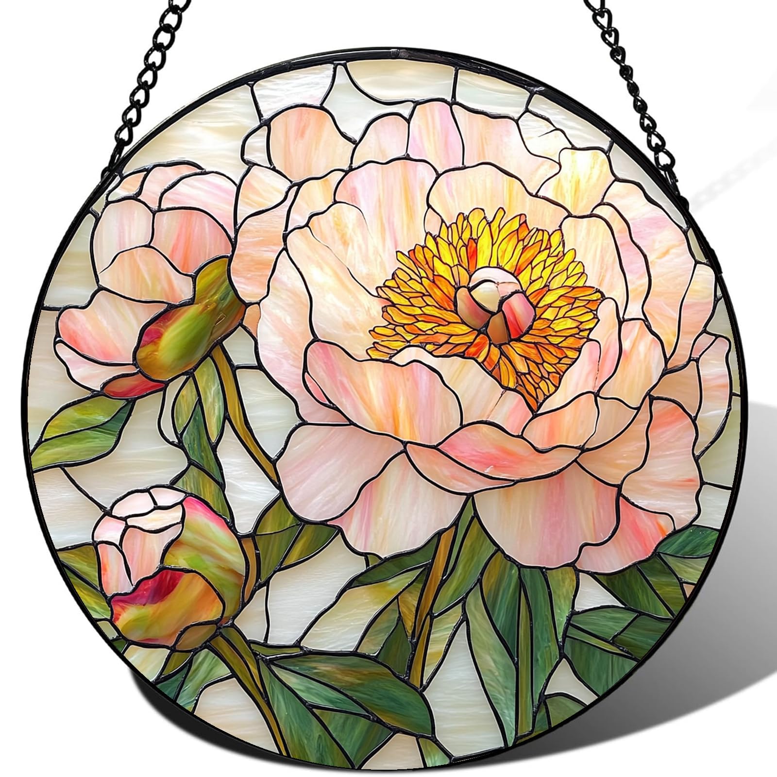 Peony Stained Acrylic Jigsaw Puzzle Suncatcher Frameless Botanical Floral Window Hanging Blush Pink and Peach Peonies with Emerald Leaves 3D Texture Art Home Decor 7.4 in 83 Pieces Irregular Pieces