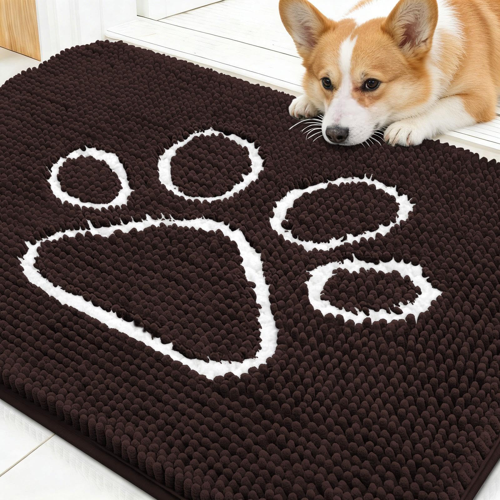 OLANLY Dog Door Mat for Muddy Paws 30x20, Paw Print Design Chenille Mud Mat