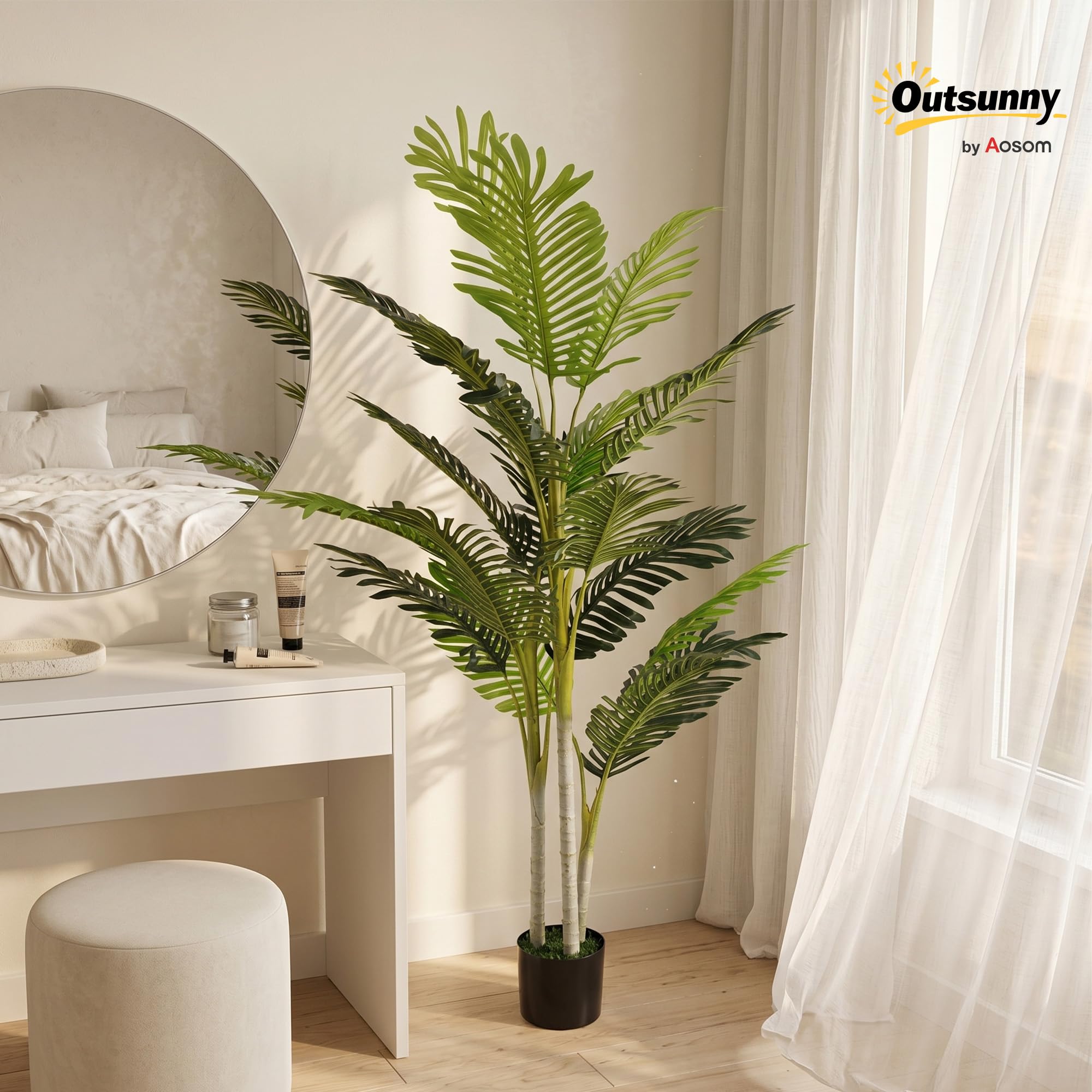 Outsunny Planta Artificial Palmera 150 cm Árbol Artificial Ø18x150 cm Verde | Maceta y Musgo, Decoración Interior, Salón, Oficina, Balcón