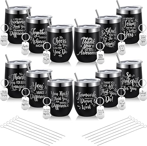 24 vasos de vino de 12 onzas, regalos de agradecimiento para mujeres, hombres, personal, profesores, equipo, con citas inspiradoras, llavero, vaso