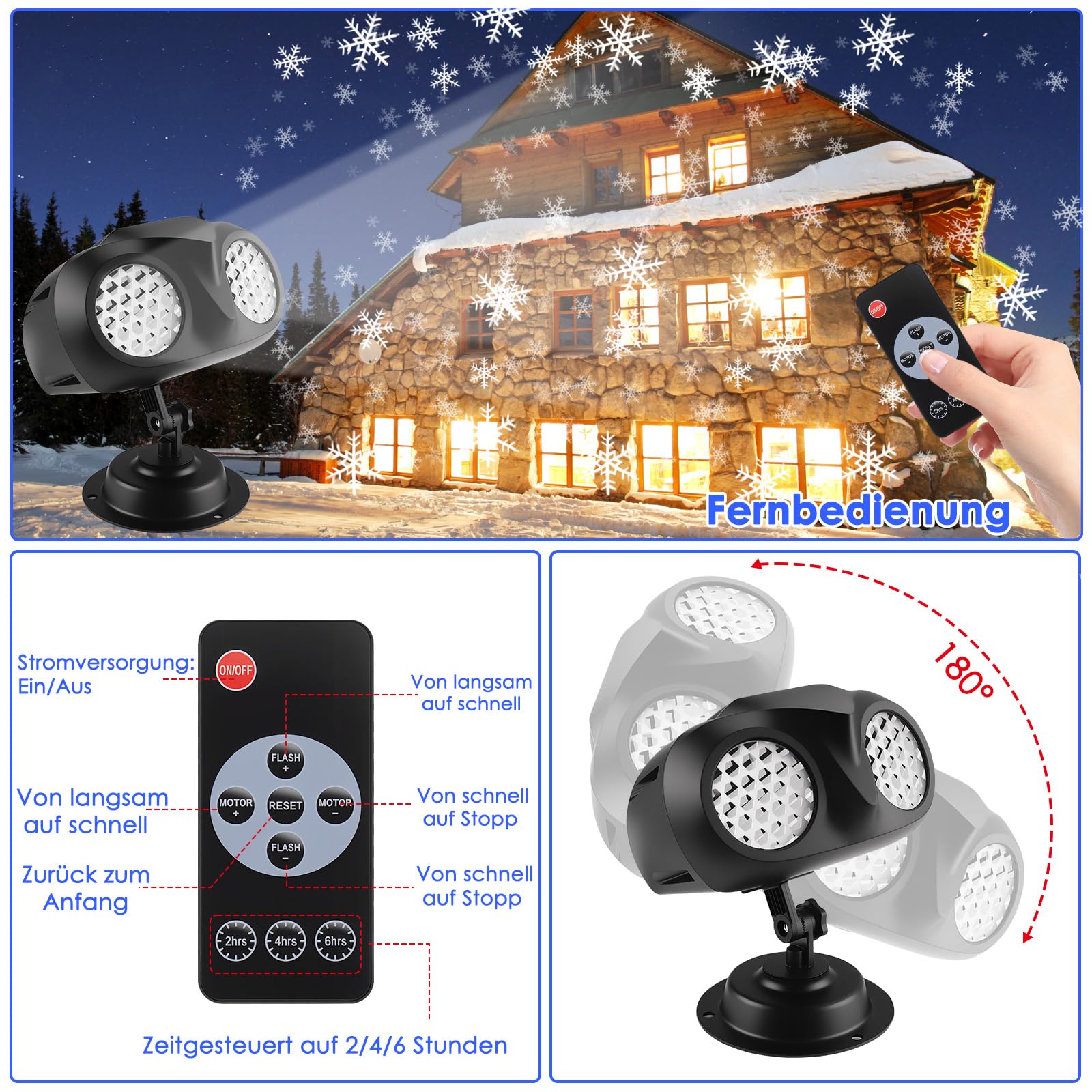 Projektor Weihnachten Aussen mit Doppelprojektion und Fernbedienung, LED Schneeflocken Projektor, für Weihnachtsdeko outdoor, Festivalveranstaltungen, Indoor, Party, Gartendekoration
